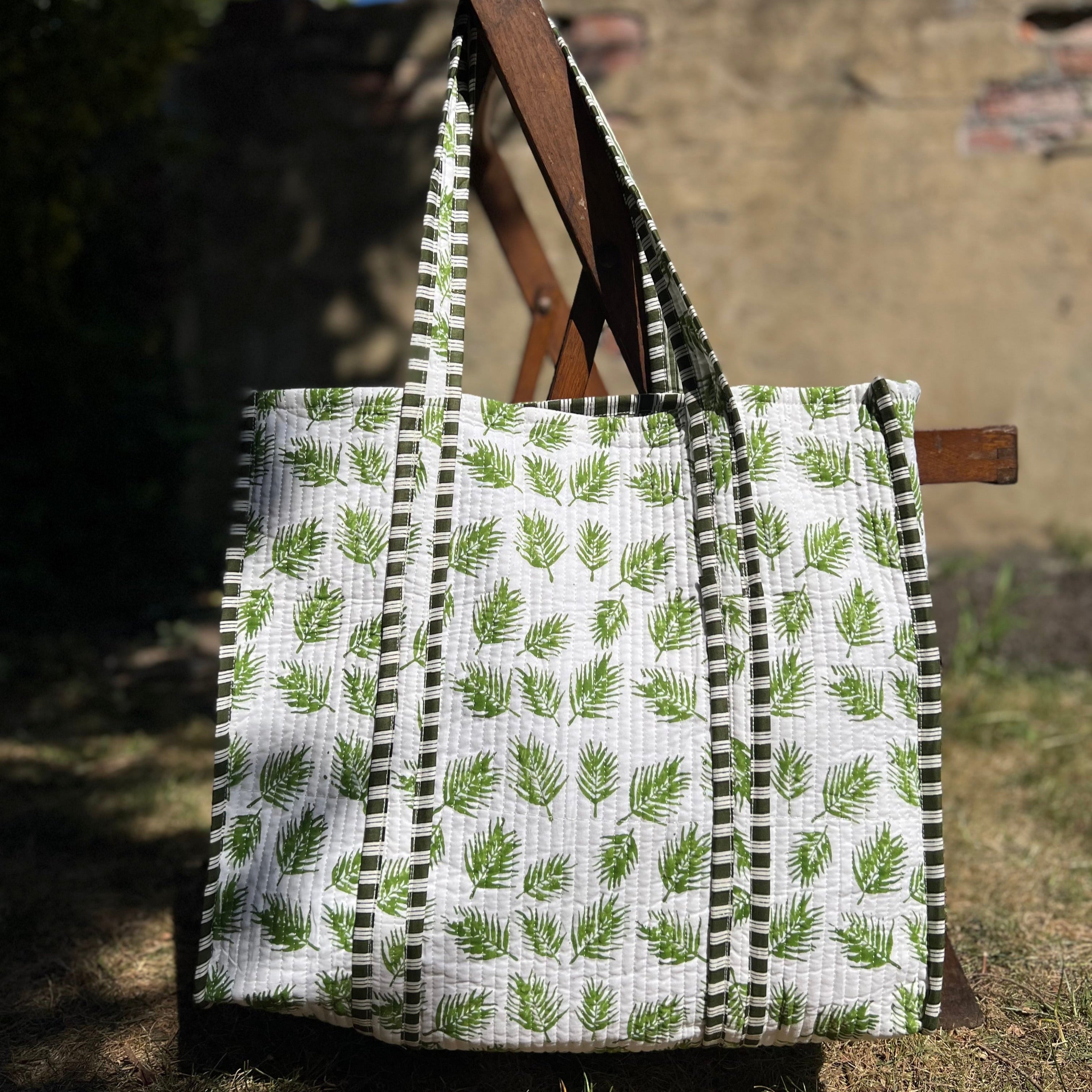 White & Green Leaf Tote Bag