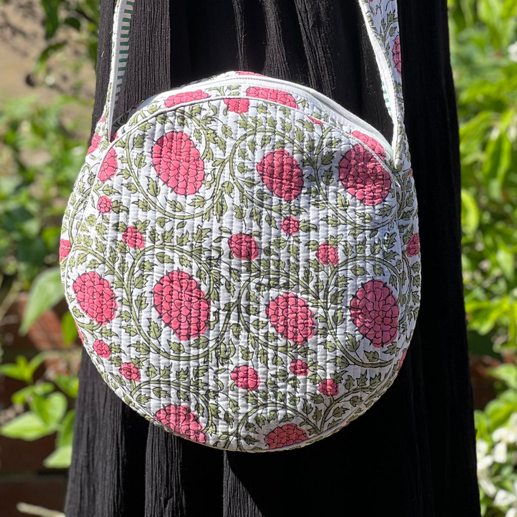 White & Pink Vine Round Sling Bag